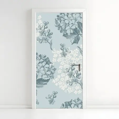 Pegatina para puerta estampado botánico de hortensias en tonos azules – Pixers®