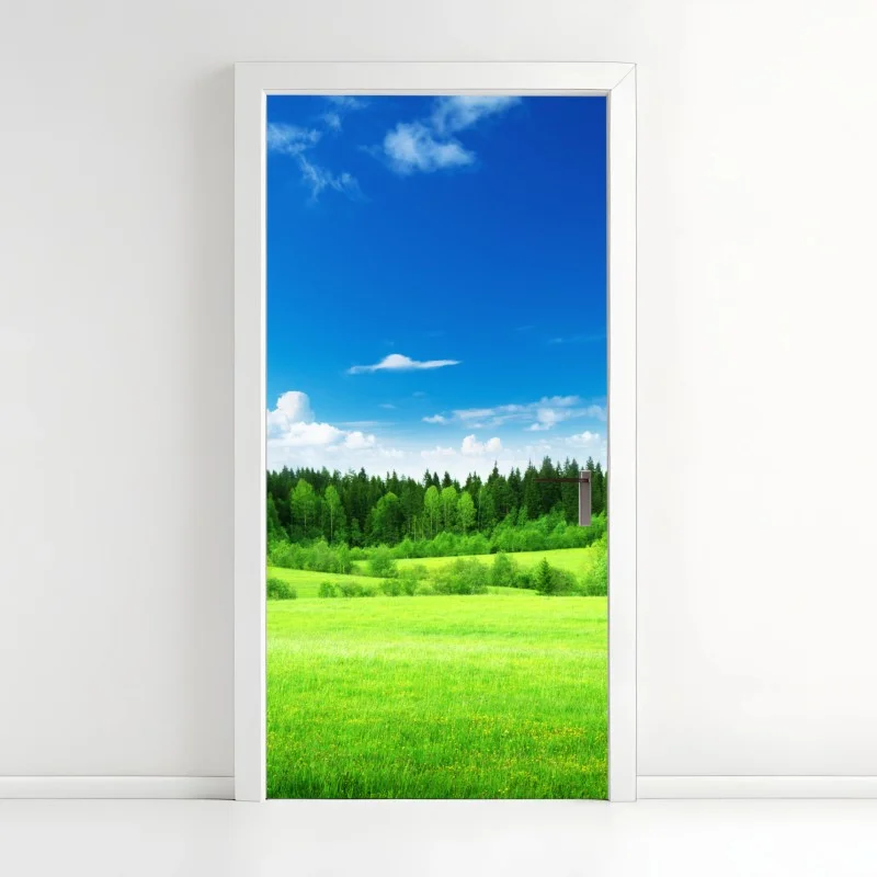 Pegatina para puerta paisaje primaveral de pradera y bosque