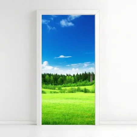 Pegatina para puerta paisaje primaveral de pradera y bosque – Pixers®