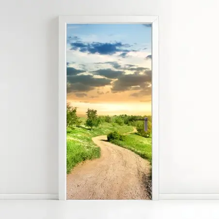 Pegatina para puerta camino al atardecer en campo primaveral – Pixers®