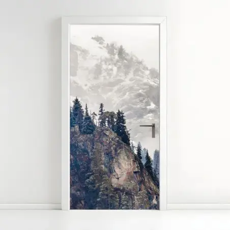 Pegatina para puerta acantilado nevado y bosque de pinos – Pixers®