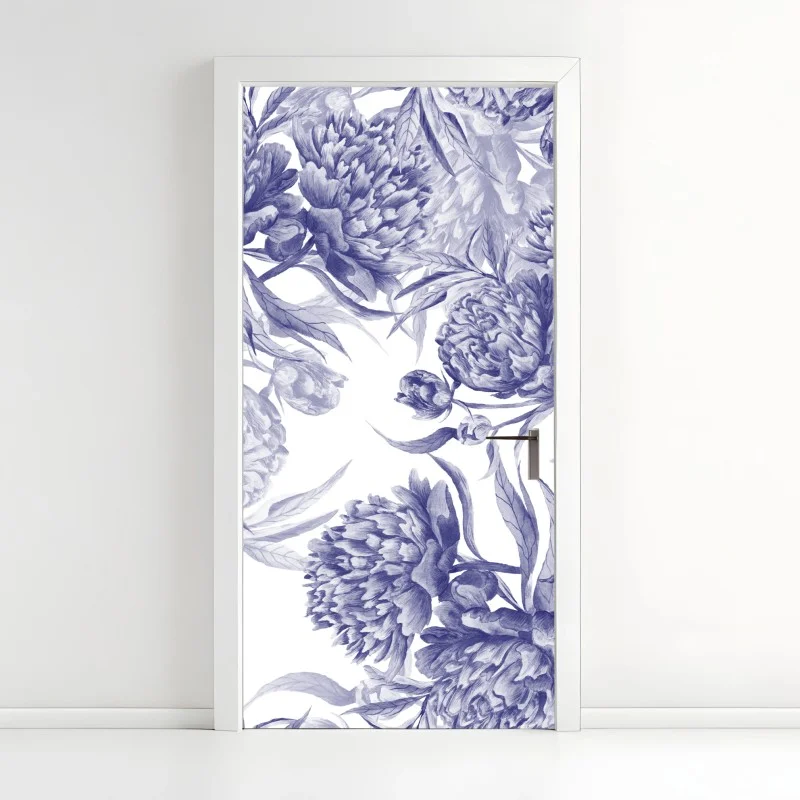 Pegatina para puerta estampado de peonías en tinta azul