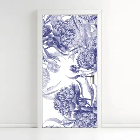 Pegatina para puerta estampado de peonías en tinta azul – Pixers®
