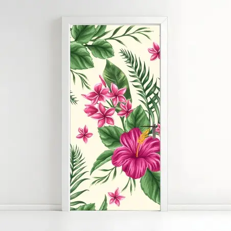 Pegatina para puerta estampado tropical de hibiscos y plumerias – Pixers®