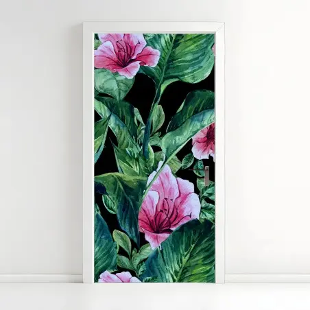 Pegatina para puerta jardín tropical en acuarela sobre fondo negro – Pixers®