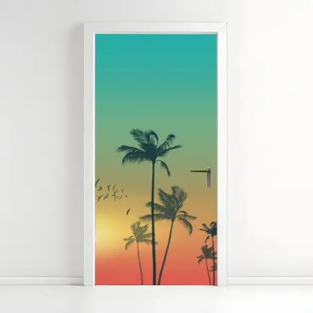 Pegatina para puerta atardecer tropical entre palmeras – Pixers®
