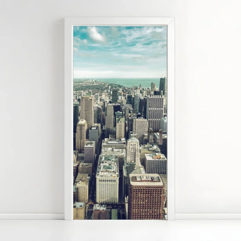 Pegatina para puerta horizonte aéreo de Chicago en tonos vintage