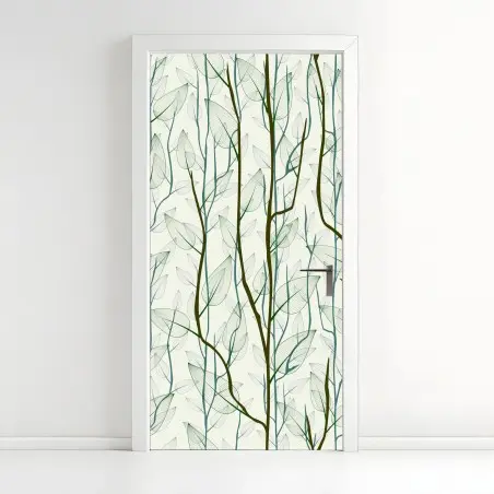 Pegatina para puerta bosque minimalista de ramas y hojas en tonos verdes – Pixers®