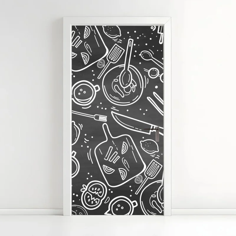 Pegatina para puerta patrón de utensilios de cocina estilo pizarra