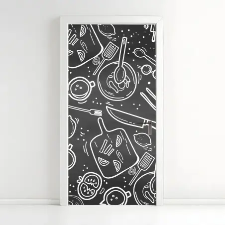Pegatina para puerta patrón de utensilios de cocina estilo pizarra – Pixers®