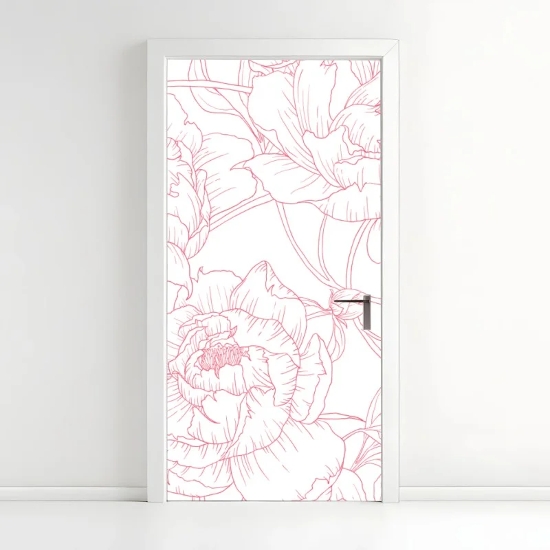 Pegatina para puerta patrón floral de peonías en líneas rosa