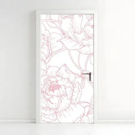 Pegatina para puerta patrón floral de peonías en líneas rosa – Pixers®