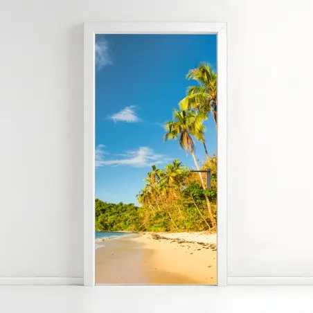 Pegatina para puerta atardecer en playa tropical con palmeras – Pixers®