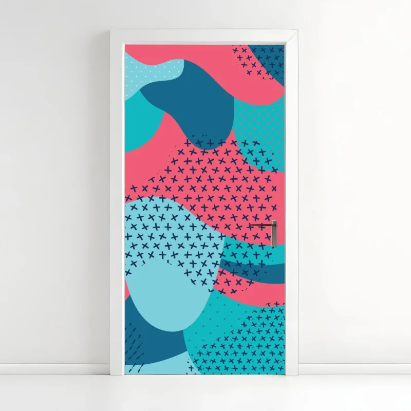 Pegatina para puerta arte decorativo abstracto de formas orgánicas en tonos turquesa y rosa