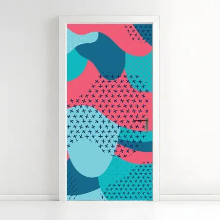 Pegatina para puerta arte decorativo abstracto de formas orgánicas en tonos turquesa y rosa – Pixers®