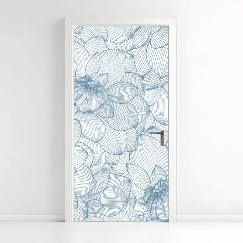 Pegatina para puerta patrón floral lineal azul