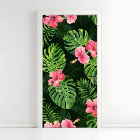 Pegatina para puerta patrón tropical de hojas monstera y hibiscos rosas – Pixers®