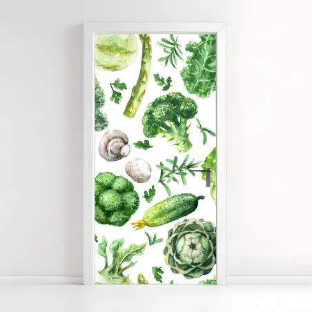 Pegatina para puerta patrón acuarelado de verduras verdes – Pixers®