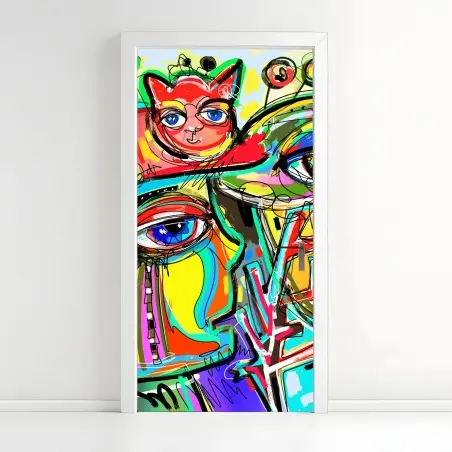 Pegatina para puerta rostro colorido con gato rojo y pájaro – Pixers®