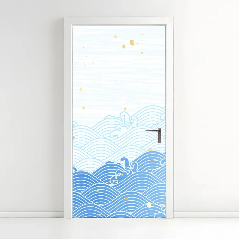 Pegatina para puerta ondas marinas en azul con salpicaduras doradas