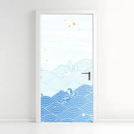 Pegatina para puerta ondas marinas en azul con salpicaduras doradas – Pixers®