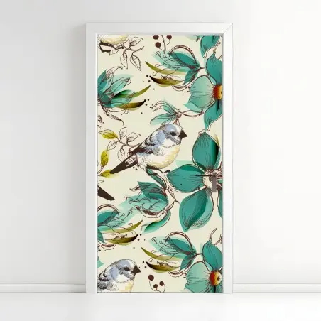 Pegatina para puerta estampado retro de pájaros y flores turquesa – Pixers®