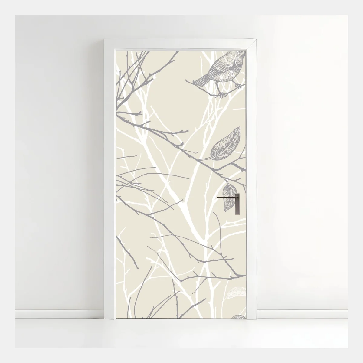 Pegatina para puerta patrón de aves y ramas en tonos neutros – Pixers® Pegatina para puerta patrón de aves y ramas en tonos neutros – Pixers®
