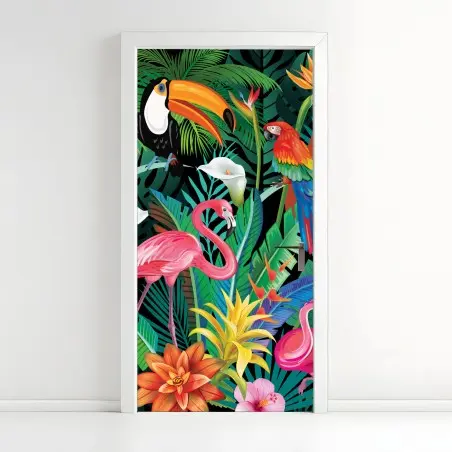 Pegatina para puerta paraíso tropical con flamencos y aves exóticas – Pixers®