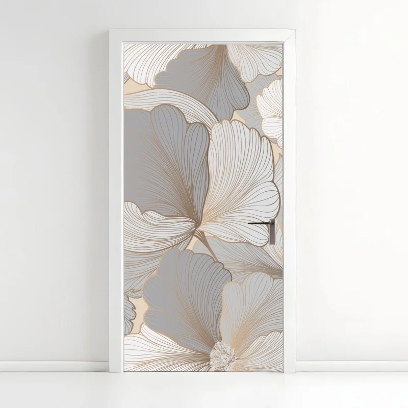 Pegatina para puerta arte floral en tonos neutros y líneas doradas