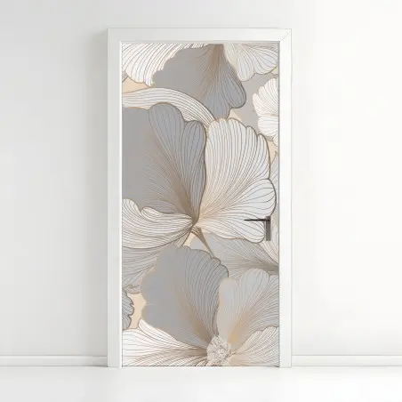 Pegatina para puerta arte floral en tonos neutros y líneas doradas – Pixers®
