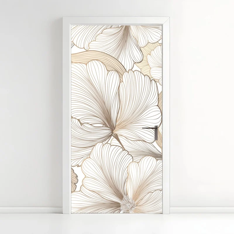 Pegatina para puerta flores de líneas finas en tonos beige
