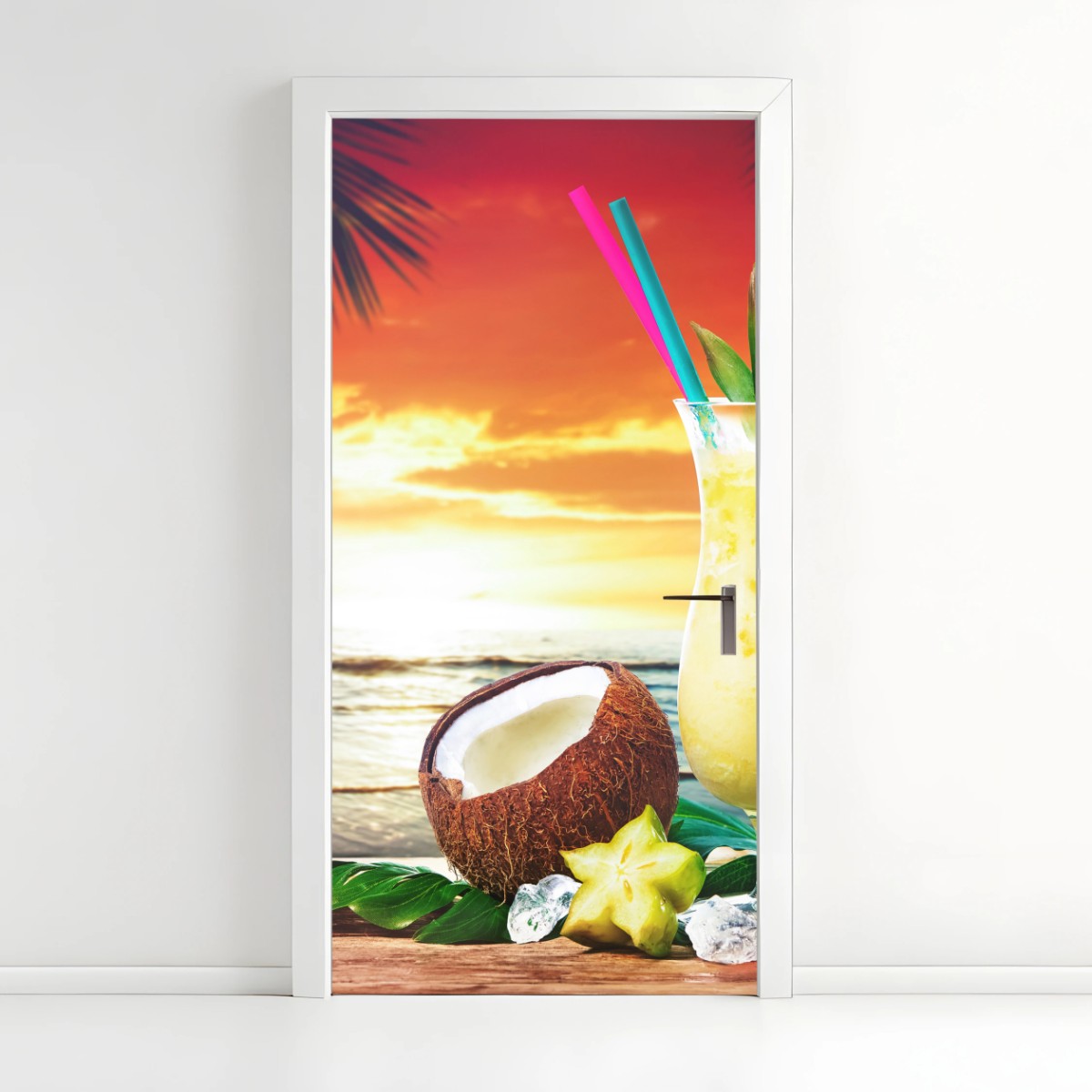 Pegatina para puerta atardecer tropical con cóctel de piña y coco – Pixers®