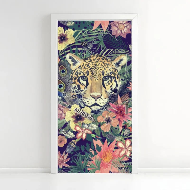 Pegatina para puerta leopardo en selva acuarelada y flores exóticas