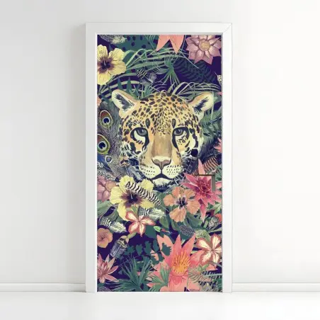 Pegatina para puerta leopardo en selva acuarelada y flores exóticas – Pixers®