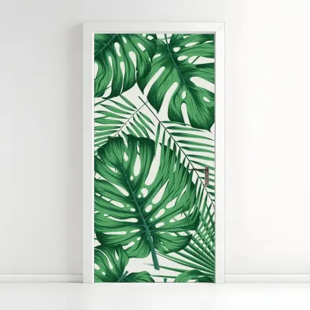 Pegatina para puerta patrón tropical de hojas verdes – Pixers®