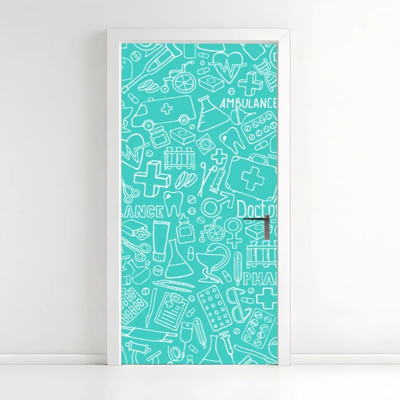 Pegatina para puerta patrón médico doodle en tonos turquesa