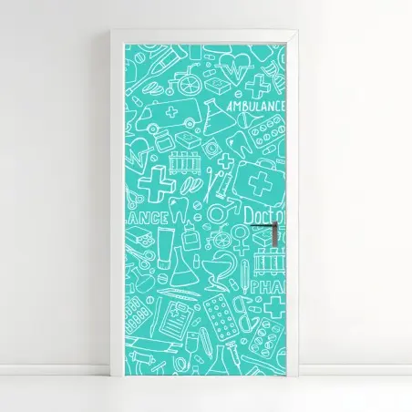 Pegatina para puerta patrón médico doodle en tonos turquesa – Pixers®