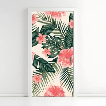 Pegatina para puerta composición tropical de hibisco y hojas verdes – Pixers®