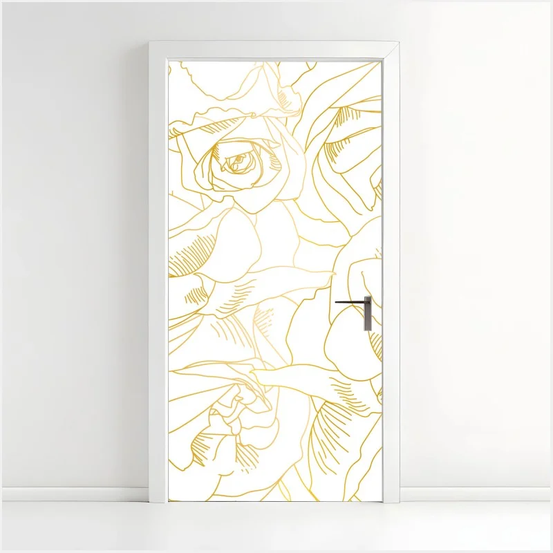 Pegatina para puerta patrón de rosas doradas sobre fondo blanco