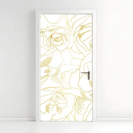 Pegatina para puerta patrón de rosas doradas sobre fondo blanco – Pixers®