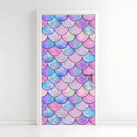 Pegatina para puerta patrón de escamas de sirena en tonos pastel – Pixers®