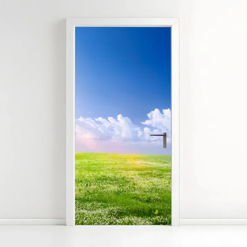 Pegatina para puerta pradera primaveral bajo cielo azul