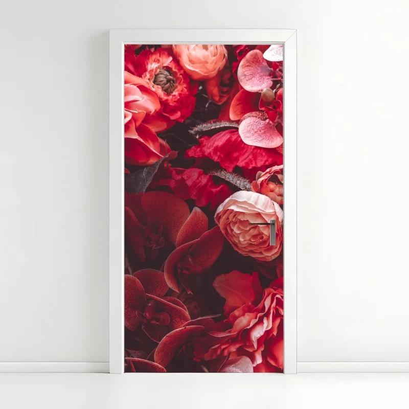 Pegatina para puerta composición floral en tonos rojos