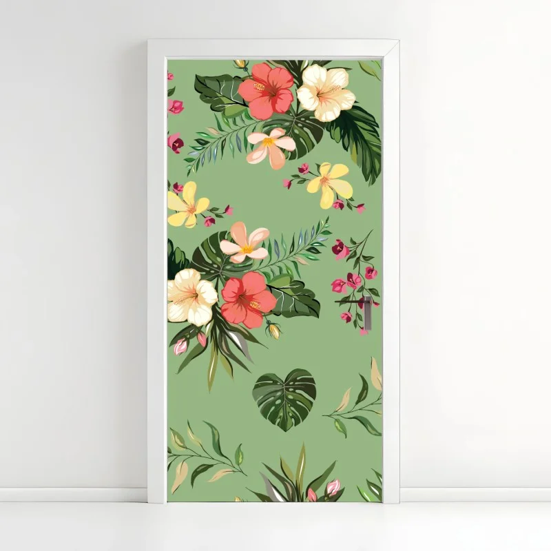 Pegatina para puerta diseño tropical de flores y hojas sobre fondo verde