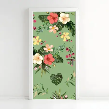Pegatina para puerta diseño tropical de flores y hojas sobre fondo verde – Pixers®