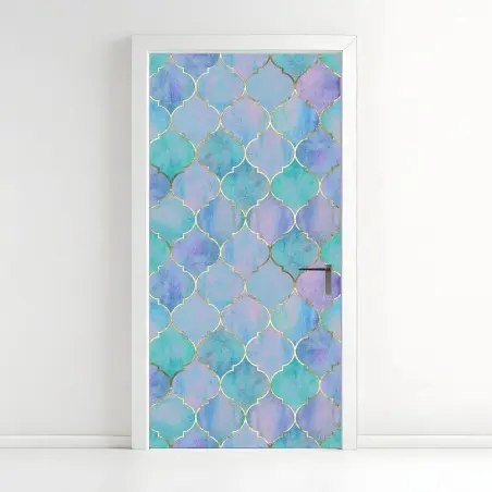 Pegatina para puerta patrón marroquí en acuarela turquesa y lavanda con contornos dorados – Pixers®