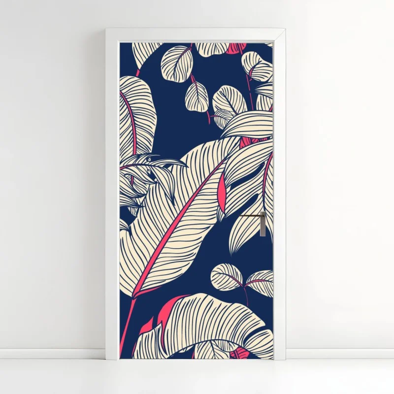 Pegatina para puerta motivo tropical estilizado en azul marino y rosa