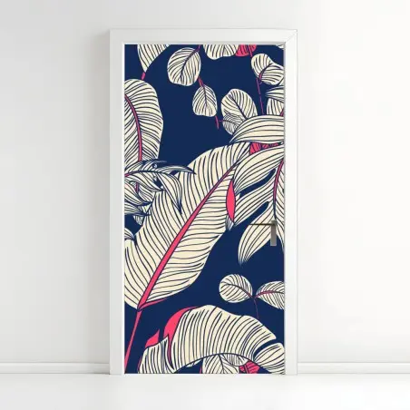 Pegatina para puerta motivo tropical estilizado en azul marino y rosa – Pixers®