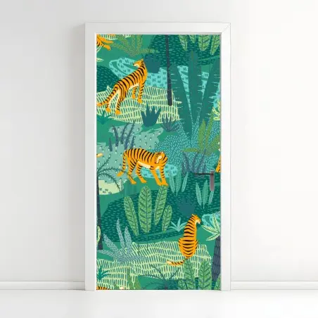 Pegatina para puerta selva de tigres en tonos verdes y turquesa – Pixers®