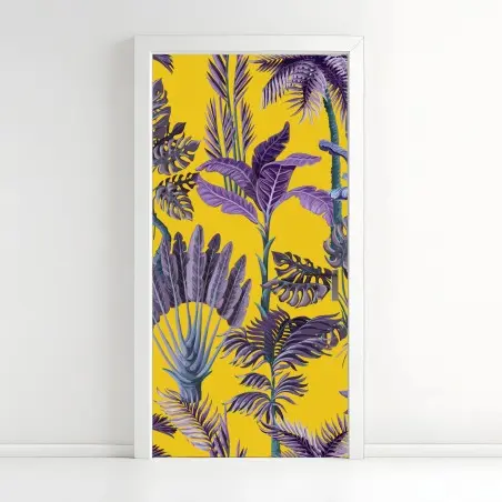 Pegatina para puerta estampado tropical vintage en morado sobre fondo amarillo – Pixers®
